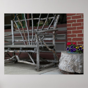 Poster Banc et fleurs rustiques de brindille