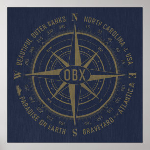 Poster Bancs extérieurs OBX Compass Vintage Gold Navy Ble