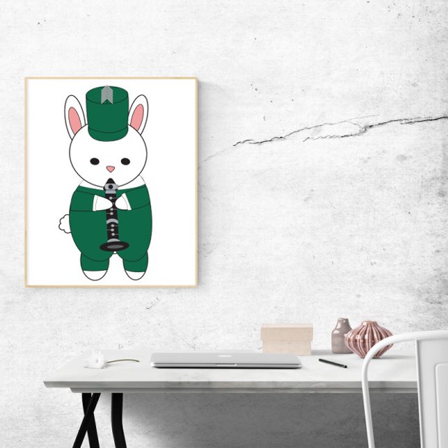 Poster Bande de Marche Clarinet lapin Vert Blanc (A poster of a rabbit playing the clarinet in a green and white marching band uniform.)