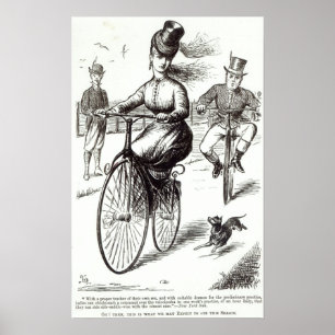 Poster Bande dessinée de Madame sur un vélo sur rail,
