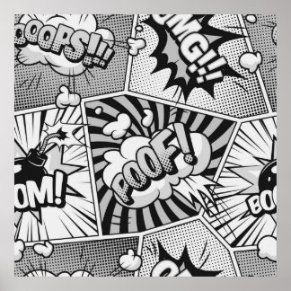 Poster Bande dessinée en noir et blanc Word Art Collage