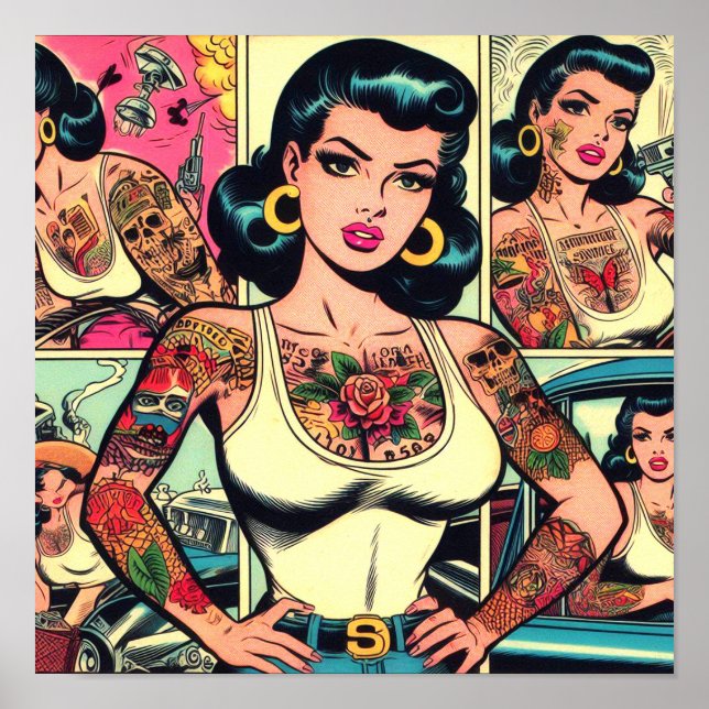 Poster Bande dessinée rétroactive à base de tatouage (Devant)