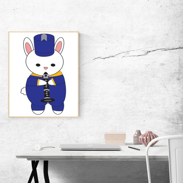 Poster Bande Marche Clarinet Rabbit Bleu Jaune Or (A poster of a rabbit playing the clarinet in a blue and yellow marching band uniform.)