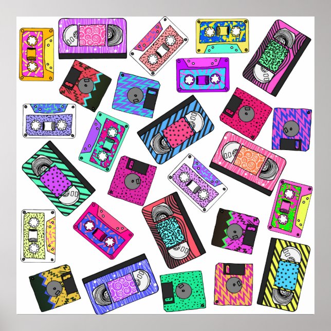 Poster Bandes de cassettes à motifs néon des années 90 ré (Devant)