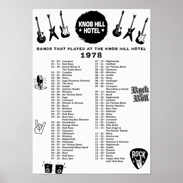 Poster Bandes Qui Ont Joué Au Knob Hill Hotel 1978 (Devant)