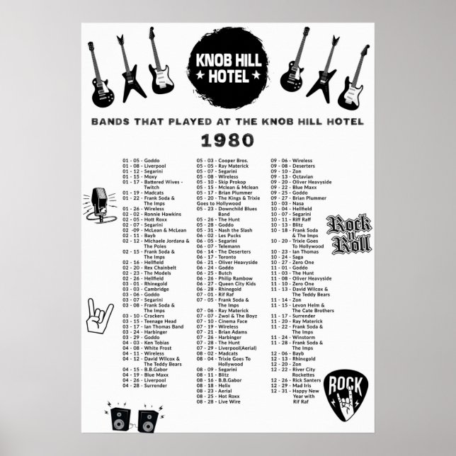 Poster Bandes Qui Ont Joué Au Knob Hill Hotel 1980 (Devant)