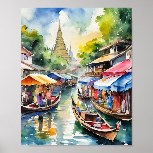 Poster Bangkok Floating Markets Thaïlande Aquarelle (Devant)