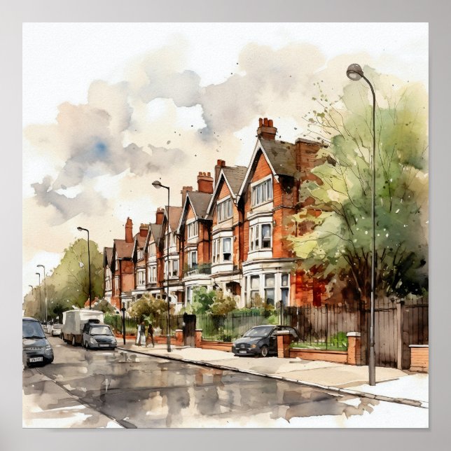 Poster Banlieues de Londres Carré de peinture aquarelle (Devant)