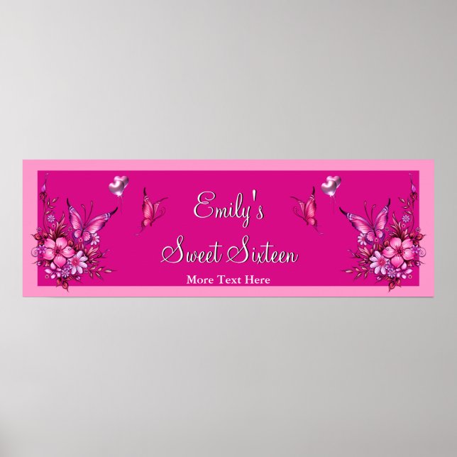 Poster Banner Sweet 16 Fleurs roses Papillon Anniversaire (Devant)