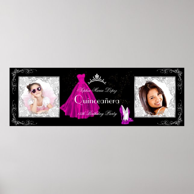 Poster Bannière Ajouter Photos Quinceanera Party rose noi (Devant)