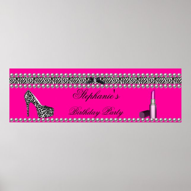 Poster Bannière Anniversaire Hot rose Lipstick Zebra Leop (Devant)