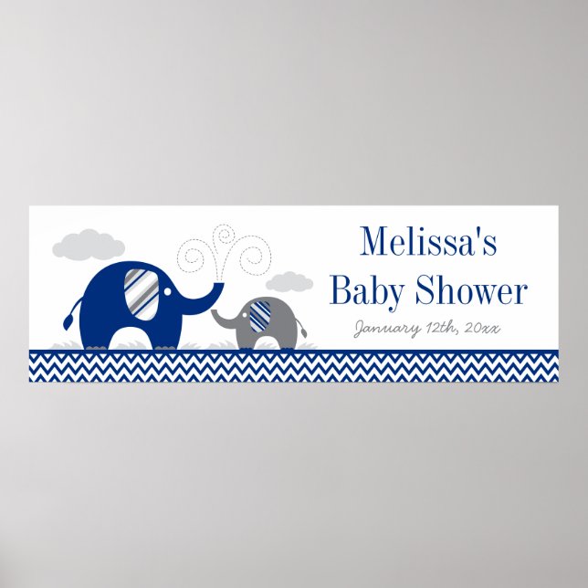 Poster Bannière Baby shower bleu gris de la marine élépha (Devant)