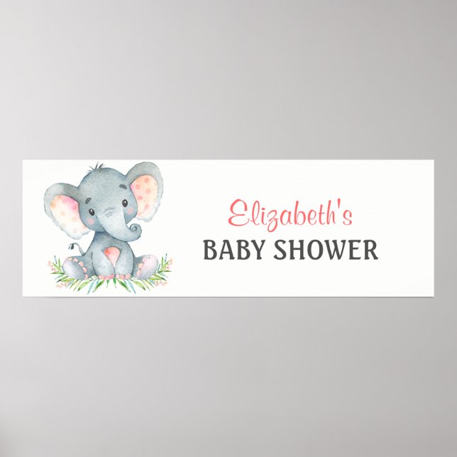 Poster Bannière Baby shower de fille Eléphant Aquarelle (Devant)