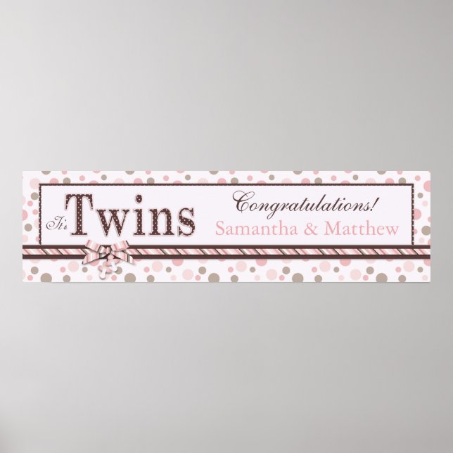 Poster Bannière de Baby shower de points TWINS Rose Taupe (Devant)