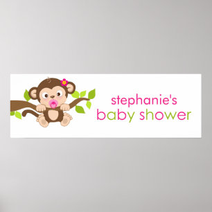Poster Bannière de Baby shower fille petite singe mignonn