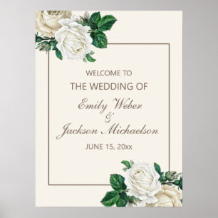 Poster Bannière de bienvenue de mariage floral crème blan
