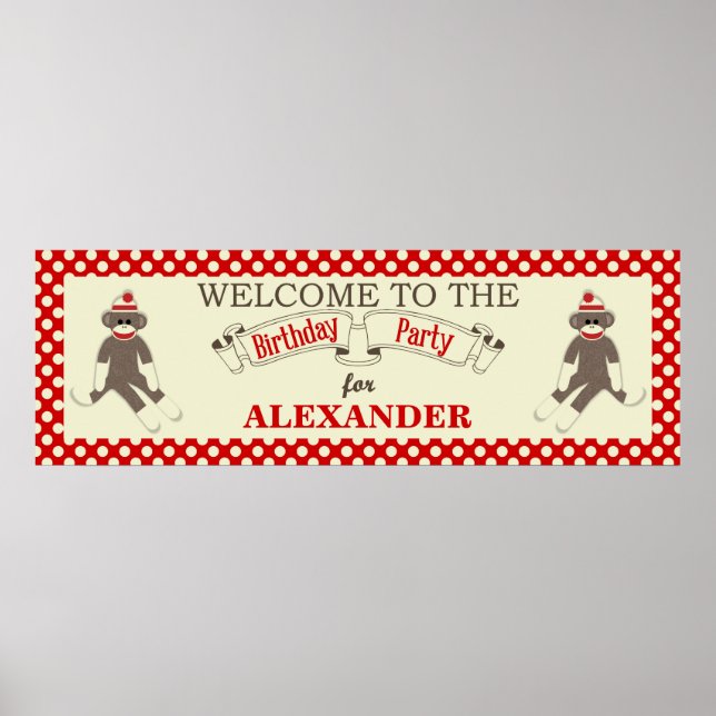 Poster Bannière de fête d'anniversaire de Sock Monkey per (Devant)