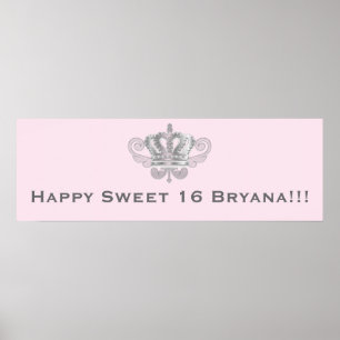 Poster Bannière de fête d'anniversaire rose Couronne Roya