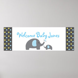 Poster Bannière de fête de Baby Shower aux 2 éléphants av