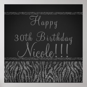 Poster Bannière de fête Zebra Sparkle Silver Black Glam C