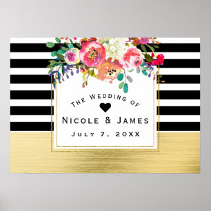 Poster Bannière de Mariage Black White Gold Floral Modern