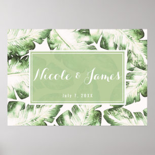 Poster Bannière de mariage élégante blanche verte feuille