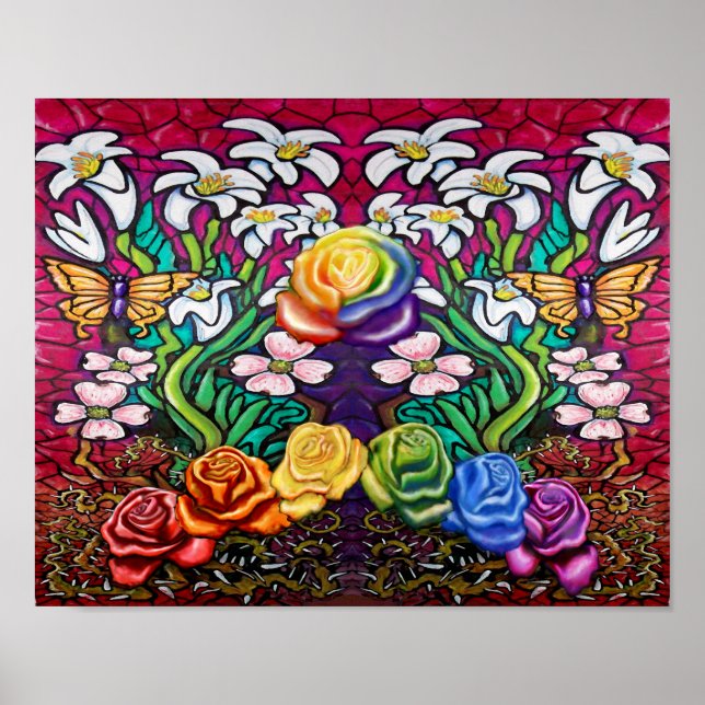 Poster Bannière de Pâques avec Roses arc-en-ciel (Devant)