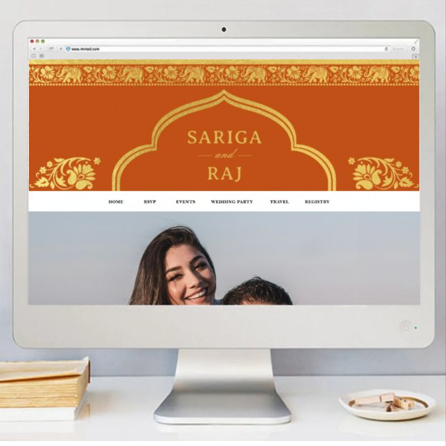 Poster Bannière du site Web mariage Téléchargement du fic (indian wedding web site banner, hindu wedding web site design, elephant lotus flower gold and orange)