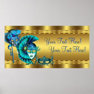 Poster Bannière élégante Bleu et Or Masquerade Party