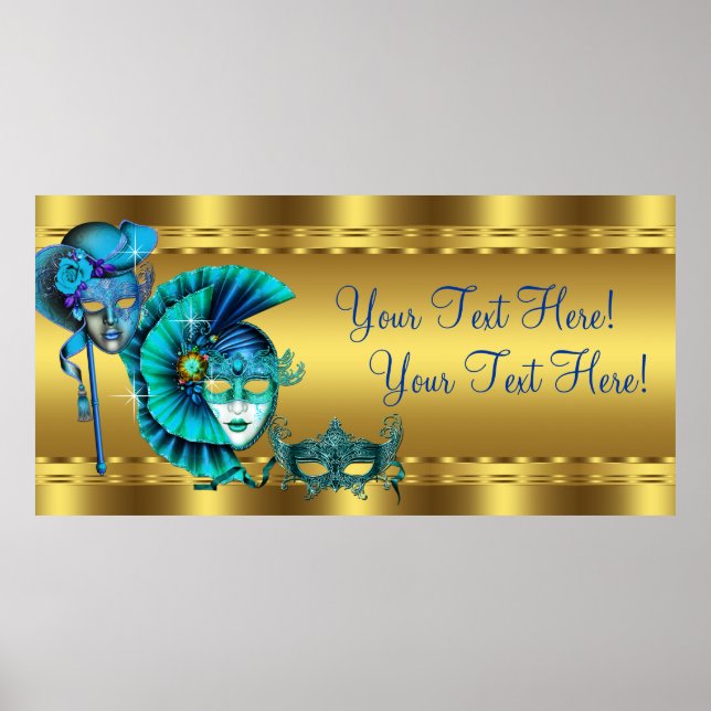 Poster Bannière élégante Bleu et Or Masquerade Party (Devant)