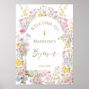Poster Baptême aquarelle fleurs de prairie bienvenue