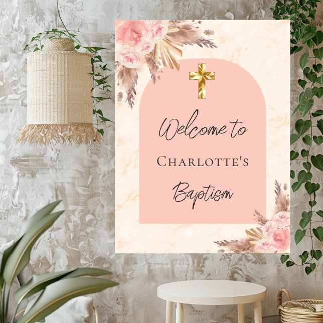 Poster Baptême blush rose or pampas herbe arche bienvenue (Créateur téléchargé)