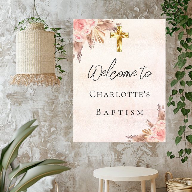 Poster Baptême blush rose or pampas herbe croix bienvenue (Créateur téléchargé)