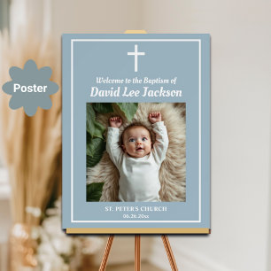 Poster Baptême Croix blanche Dusty Blue 1 Photo Bienvenue