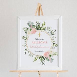 Poster Baptême d'accueil vert rose première communion