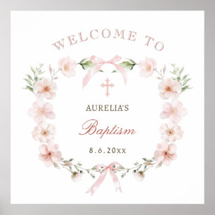 Poster Baptême de cadre floral rose pâle Bienvenue