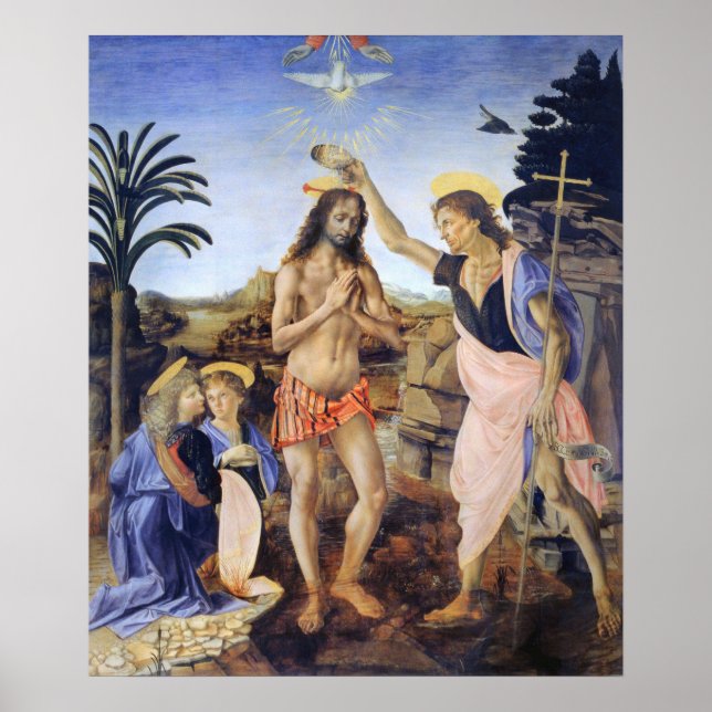 Poster Baptême du Christ par Verrocchio, Léonard de Vinci (Devant)