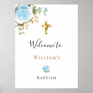 Poster Baptême eucalyptus bleu floral garçon bienvenue