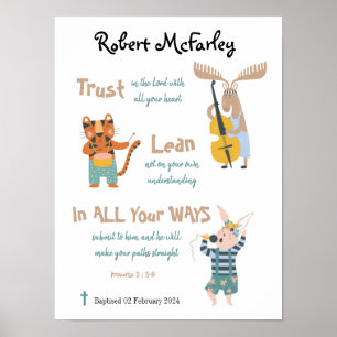 Poster Baptême Garçon Cute Animaux Musicaux Avec Verse Bi