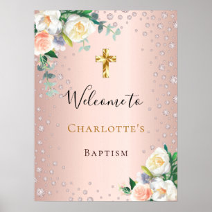 Poster Baptême rose gold fleurs roses fille bienvenue