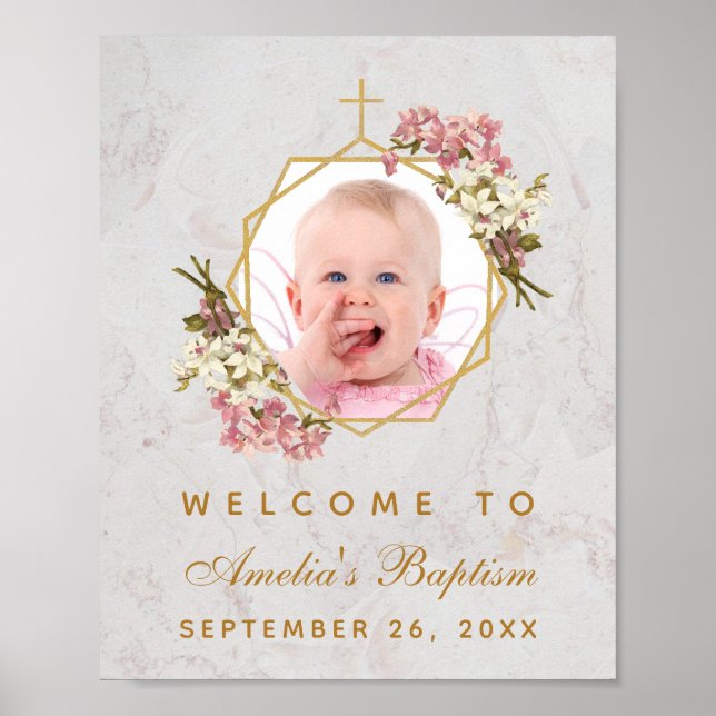 Poster Baptism Photo Girl Gold Pink Orchids Welcome Sign (Devant)