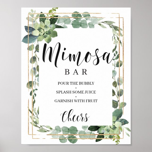 Poster Bar à mimosa doré avec feuilles verdoyantes boho e (Devant)