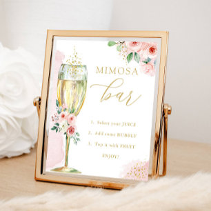 Poster Bar à Mimosa, Fleurs roses et dorées & Verre, Douc