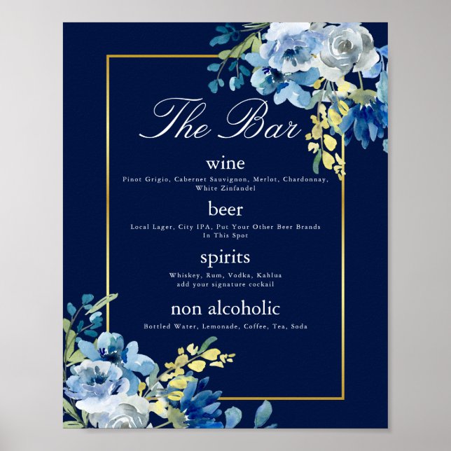 Poster Bar de mariage élégant bleu bleu marine or Floral  (Devant)