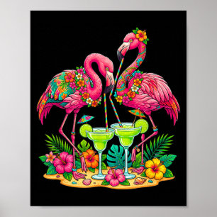 Poster Bar Flamingo Margaritas Filles de plage hawaïennes