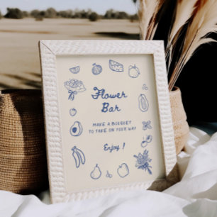 Poster Bar Fleur Bleu Dessinée à la Main Hors Marché