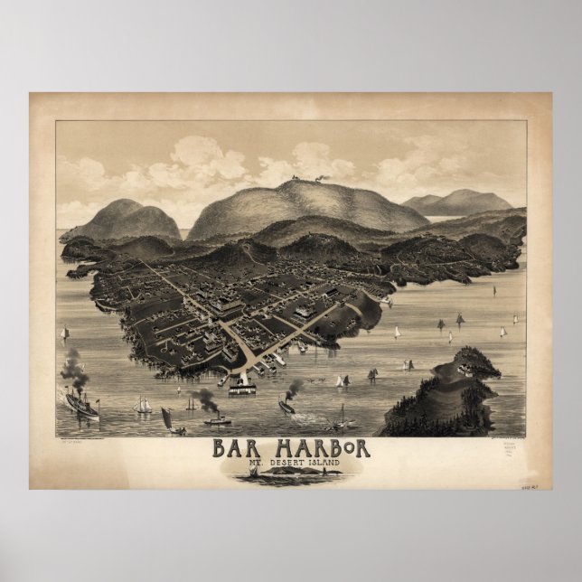 Poster Bar Harbour Maine 1886 Carte panoramique antique (Devant)