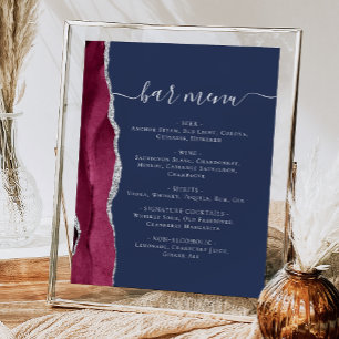Poster Bar mariage Menu Burgundy Argent Agate Marine Bleu