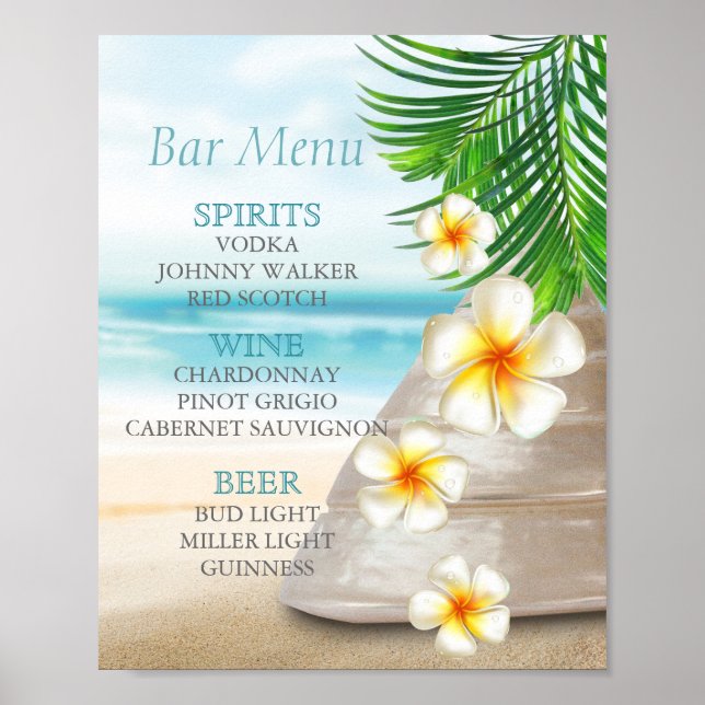 Poster Bar Menu pour un Mariage sur la plage (Devant)