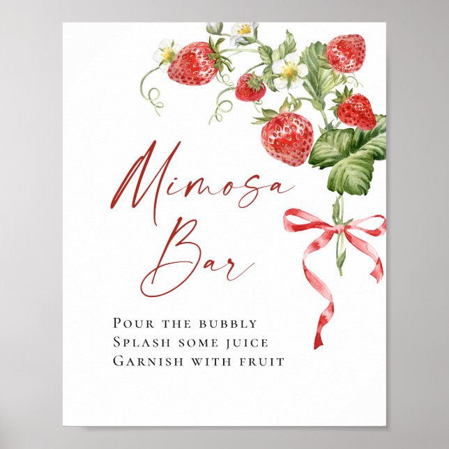 Poster Bar Mimosa nuptiale à l'aquarelle tendance fraise (Devant)